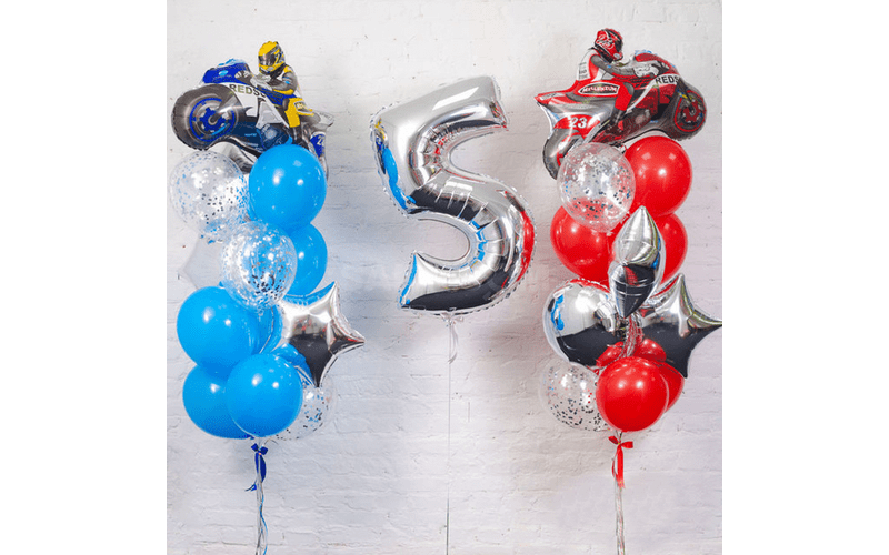 Набор воздушных шаров "Цифра 5 серебро и 2 фонтана с мотоциклами"